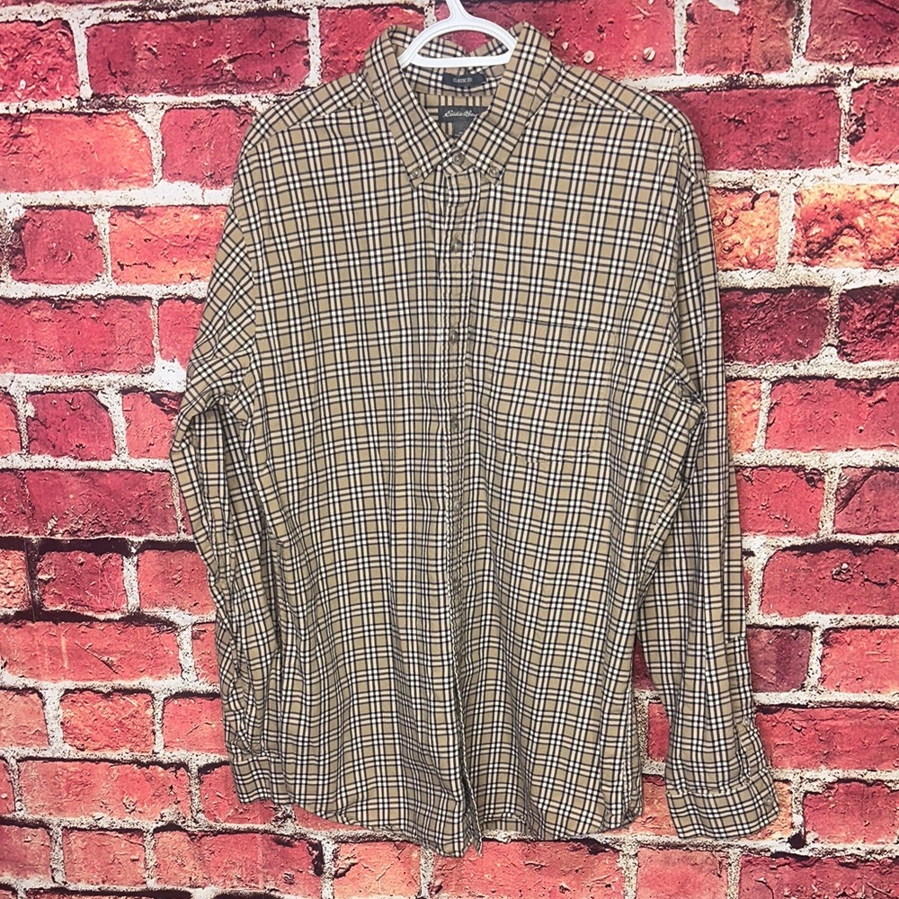 Eddie Bauer Tan Plaid Button-Down Shirt – Classic Fit – Men’s Size tall large